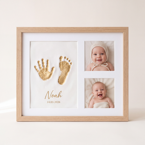 Natural wood keepsake frame with gold baby handprint, footprint and name in clay, plus two baby photos