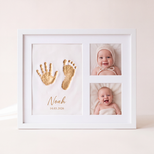 White keepsake frame with gold baby handprint, footprint and name in clay, plus two baby photos